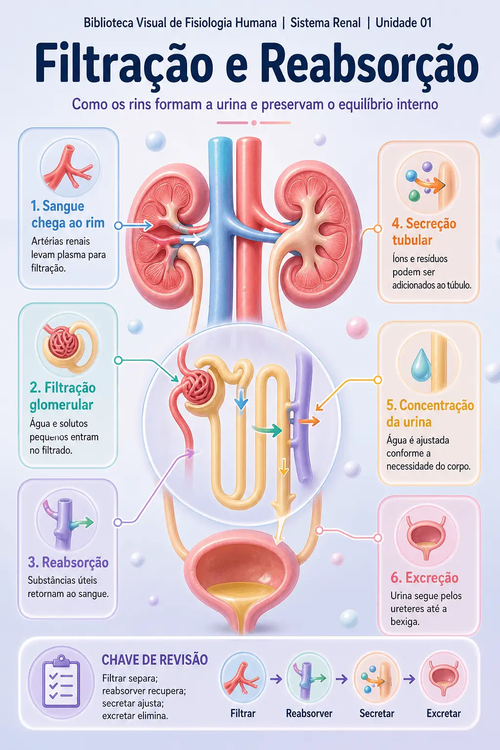 Infográfico sobre filtração e reabsorção renal