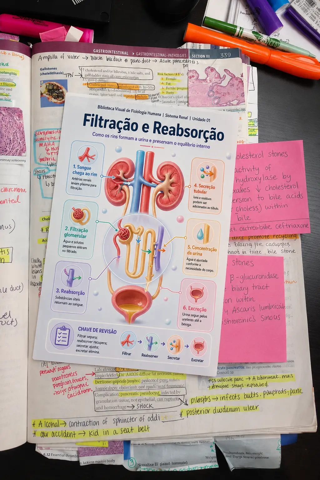 Infográfico de filtração e reabsorção em rotina de estudos