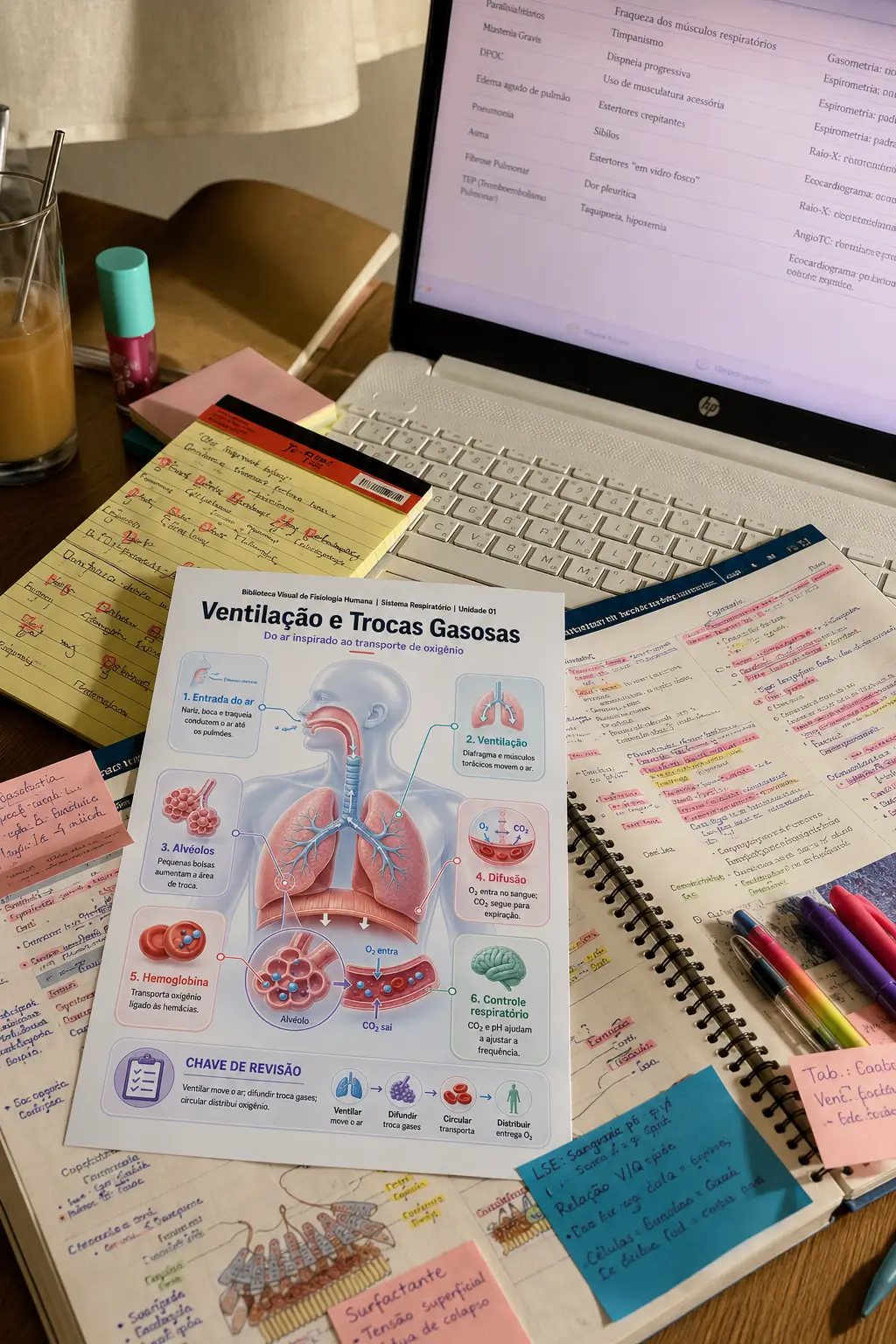 Mesa de estudos com infográfico de ventilação e trocas gasosas