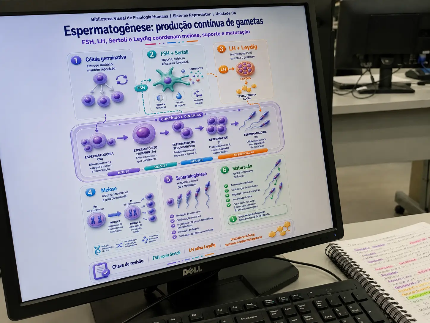 Infográfico de espermatogênese aberto em monitor de estudos